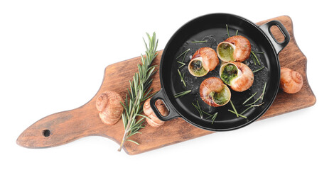 Frying pan with tasty snails on white background © Pixel-Shot