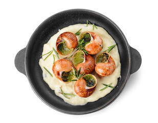 Frying pan with tasty snails on white background