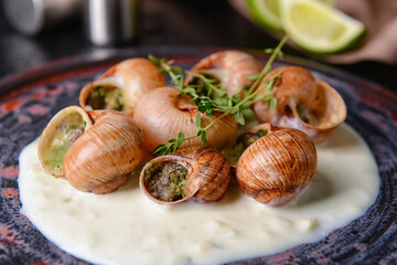 Plate with tasty snails, closeup