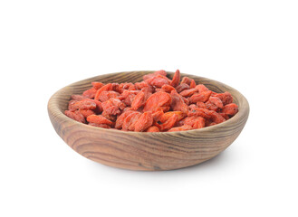 Bowl with dried goji berries on white background