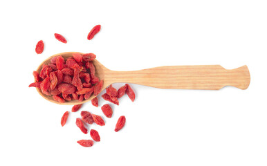 Spoon with dried goji berries on white background