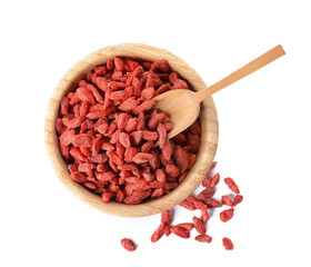 Bowl and scoop with dried goji berries on white background