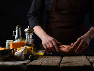 Chef Prepares Roll Chicken Meat Recipes Cheese Dried Fruits Vegetables Background Culinary Illustration for food book