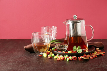 Composition with teapot on color background