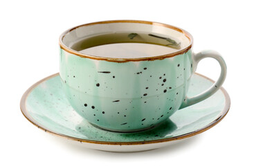 Cup of green tea on white background