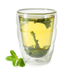 Glass cup of green tea on white background