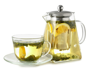 Cup and teapot of green tea with lemon on white background