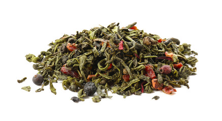 Heap of dry green tea on white background