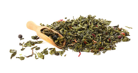 Fototapeta premium Scoop with dry green tea on white background