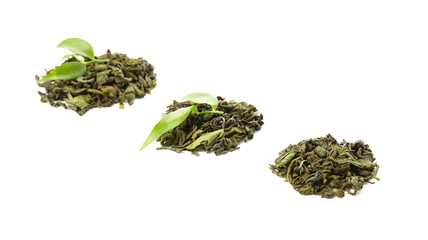 Heaps of dry green tea on white background