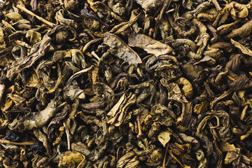 Heap of dry green tea as background
