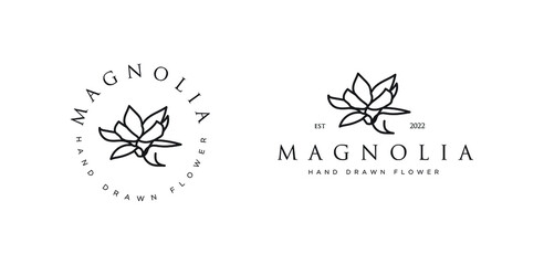 Hand drawn vector magnolia flowers logo illustration. Floral wreath. Botanical floral emblem with typography on white background
