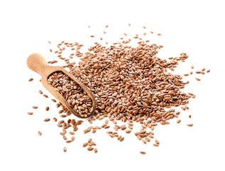 Scoop with flax seeds on white background