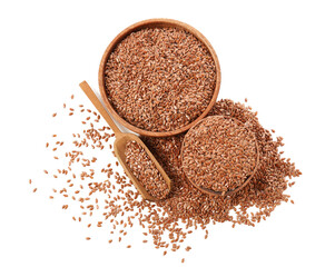 Bowls and scoop with flax seeds on white background
