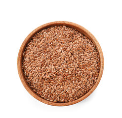 Bowl with flax seeds on white background