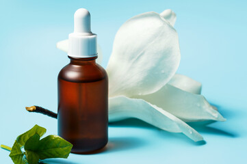 Bottle with serum and flower on blue background close-up.