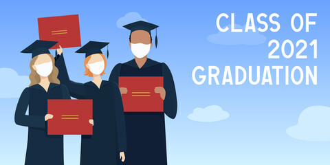 Class of 2021 graduation. Graduate students in protective masks. Poster. Vector illustration.