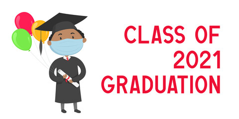 Class of 2021 graduation. Graduate student in mask. Poster. Vector illustration.