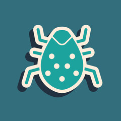 Green System bug concept icon isolated on green background. Code bug concept. Bug in the system. Bug searching. Long shadow style. Vector