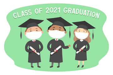 Class of 2021 graduation. Poster in cartoon style. Vector illustration.