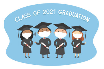 Class of 2021 graduation. Card in cartoon style. Vector illustration.