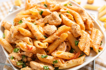 Plate with cajun chicken pasta on light background, closeup