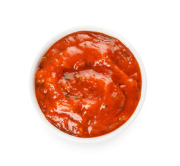 Bowl of tasty salsa sauce on white background - obrazy, fototapety, plakaty