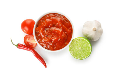 Bowl of tasty salsa sauce and ingredients on white background - obrazy, fototapety, plakaty