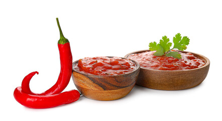 Bowls of tasty salsa sauce with peppers on white background - obrazy, fototapety, plakaty