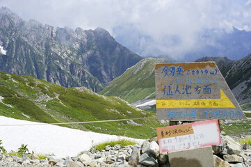 立山から剱岳への登山風景、登山標識