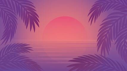 Fototapeta na wymiar Tropical sunset with palm trees, summer holiday background, space for text, abstract frame, travel concept.