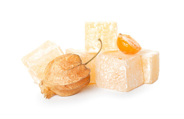 Turkish delight with physalis on white background