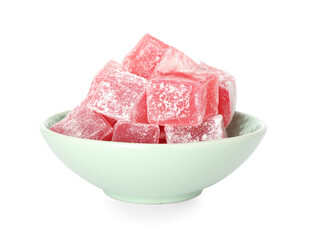 Bowl with Turkish delight on white background