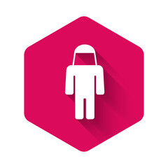 White Beekeeper with protect hat icon isolated with long shadow background. Special protective uniform. Pink hexagon button. Vector