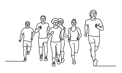 Group of people running forward.