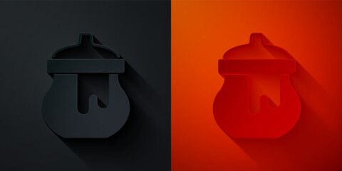 Paper cut Jar of honey icon isolated on black and red background. Food bank. Sweet natural food symbol. Paper art style. Vector