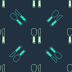 Green and beige Knife and spoon icon isolated seamless pattern on blue background. Cooking utensil. Cutlery sign. Vector