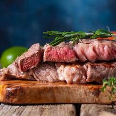 Medium cooked steak with rosemary close-up. Meat recipes and illustrations for meat recipes, recipe book