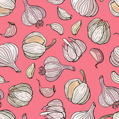 Seamless background with garlic. Hand-drawn style. Design of fabrics, textiles, wallpaper, packaging, cafes.