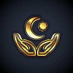 Gold Star and crescent - symbol of Islam icon isolated on black background. Religion symbol. Vector