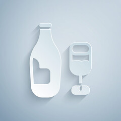 Paper cut Wine bottle with glass icon isolated on grey background. Paper art style. Vector