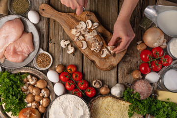 Chef Prepares Slicing Meat Mushrooms and Onions Cooking Dishes Background Ingredients Top View Culinary Recipes
