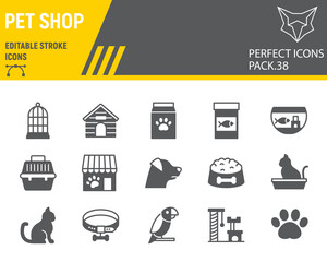 Pet Shop glyph icon set, pet store collection, vector graphics, logo illustrations, pet shop vector icons, animal signs, solid pictograms, editable stroke.