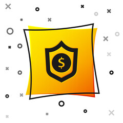 Black Shield with dollar symbol icon isolated on white background. Security shield protection. Money security concept. Yellow square button. Vector