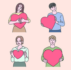 People holding hearts of various sizes. hand drawn style vector design illustrations. 