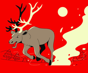 A reindeer is running on a red background. hand drawn style vector design illustrations. 