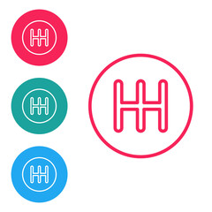 Red line Gear shifter icon isolated on white background. Transmission icon. Set icons in circle buttons. Vector