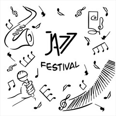 Poster with hand drawn musical instruments with inscription Jazz Festival.