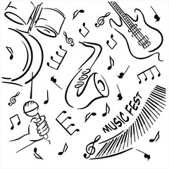 Music doodle black and white poster vector template with the inscription Music Fest.