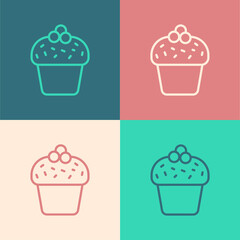Pop art line Cake icon isolated on color background. Happy Birthday. Vector